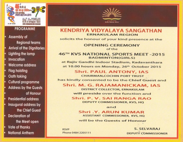 Opening Ceremony invitation at KV Ernakulam